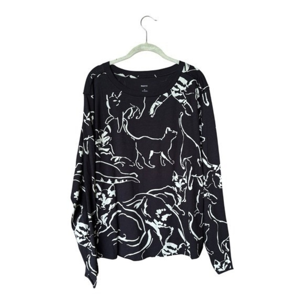 Maeve Anthropologie Cat Print Top 2X Black White Long Sleeve Cotton Graphic